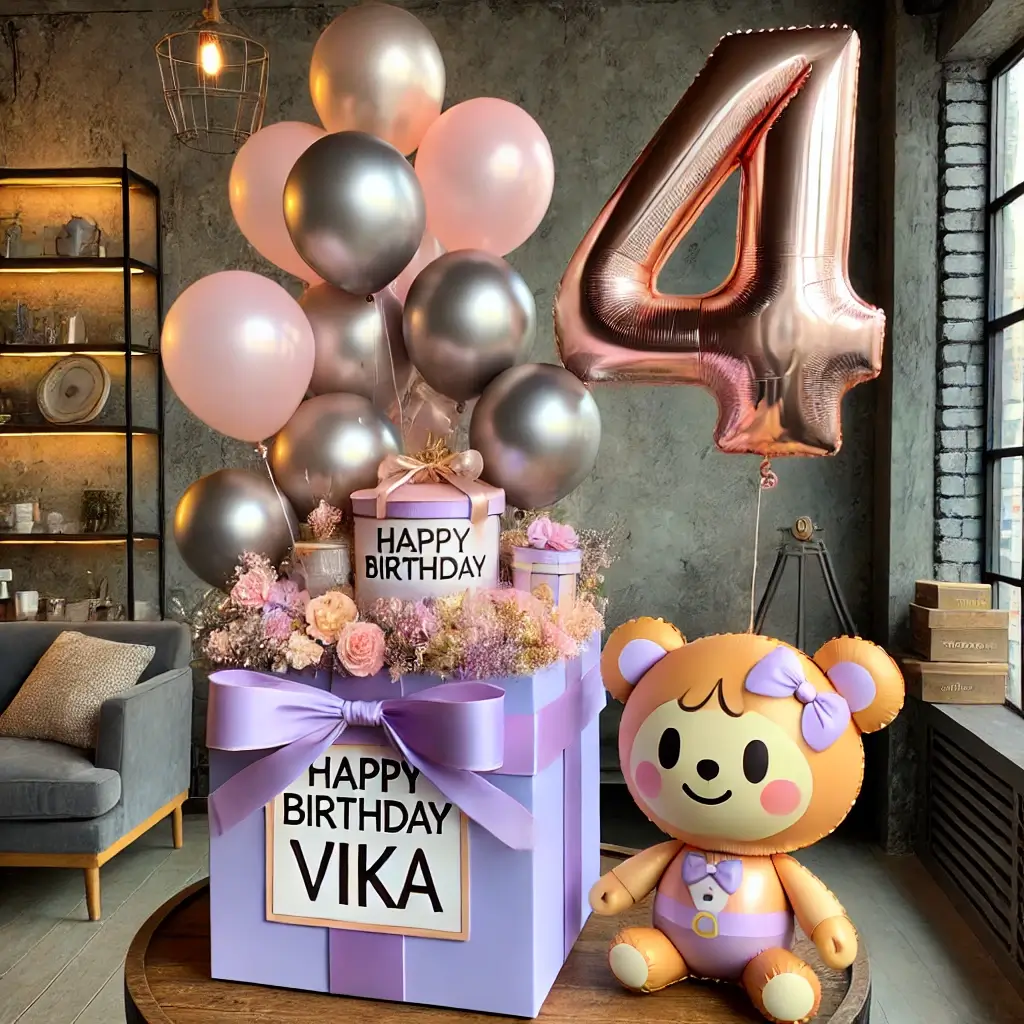 DALL·E 2025-02-27 19.17.37 – A charming birthday balloon arrangement featuring a lavender square gift box with a ribbon on top. The box is labeled ‘Happy Birthday Vika’ and contai